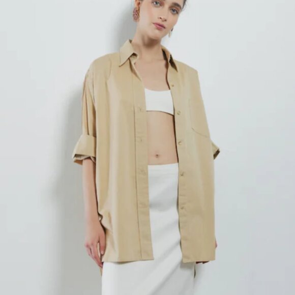 SLOAN O/S Oversized Crisp, Khaki Button-down Boyfriend Shirt - Picture 1 of 8